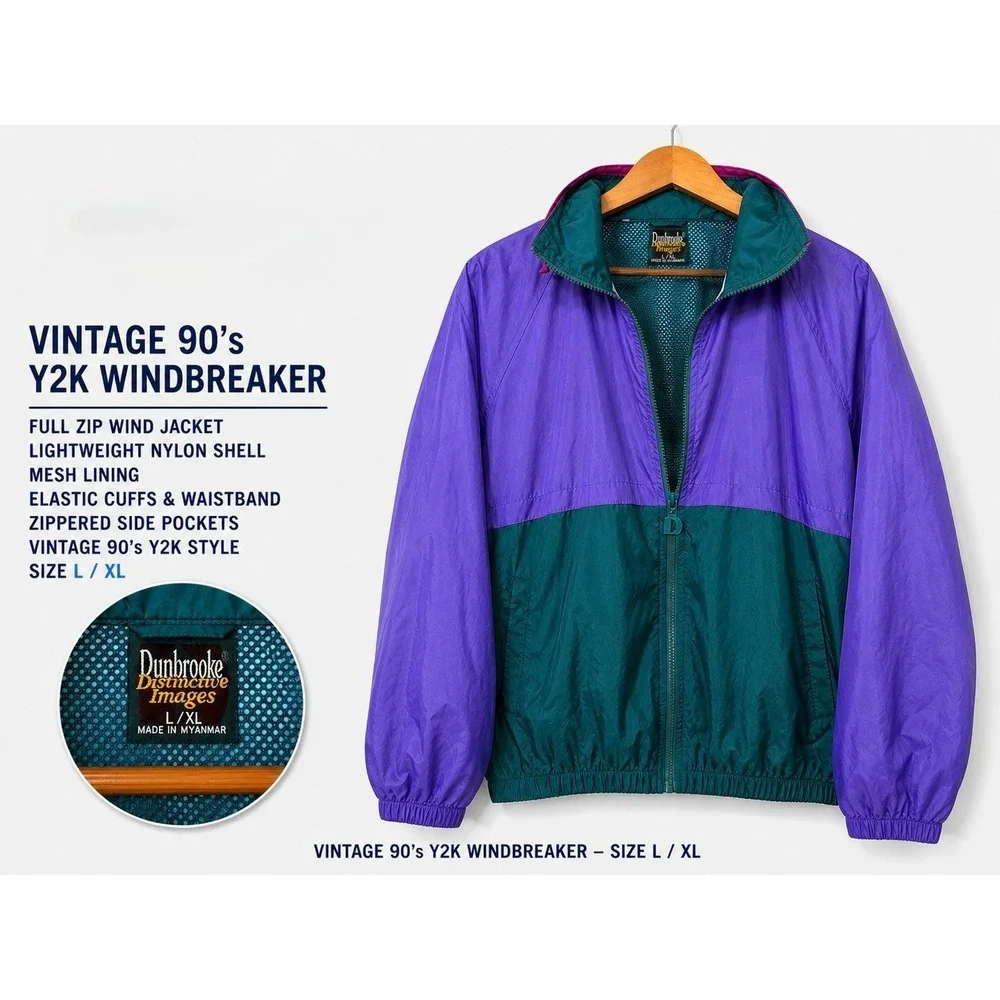 Vintage 90s Dunbrooke Windbreaker Jacket Men's L XL Purple‎ Teal Colorblock Y2K